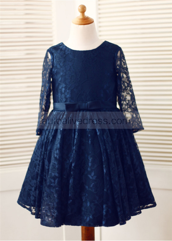 Long Sleeves Navy Blue Lace Slit Back Unique Flower Girl Dress